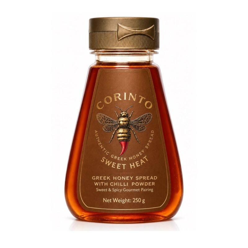 CORINTO Sweet Heat Greek hot honey spread with chilli powder in a 250 g squeeze bottle
